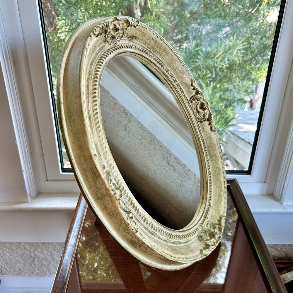 Vintage Shabby Chic Oval Mirror – Decorative Resin, Tabletop or Hanging